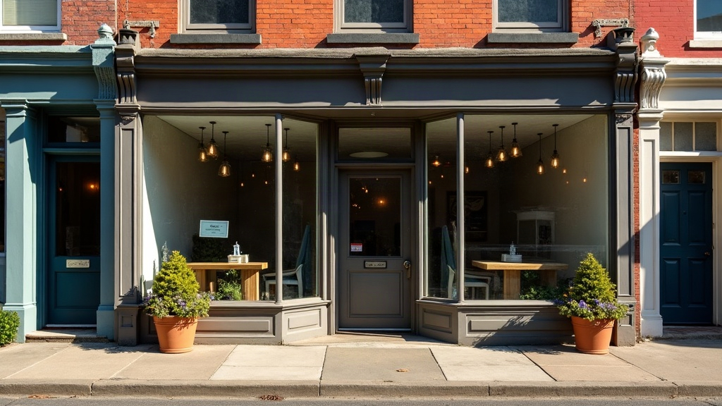 The salon's storefront on a quiet main street: a grey-painted shopfront with tall plate-glass windows in a red brick terrace, terracotta planters either side of the door, in low autumn sunlight.