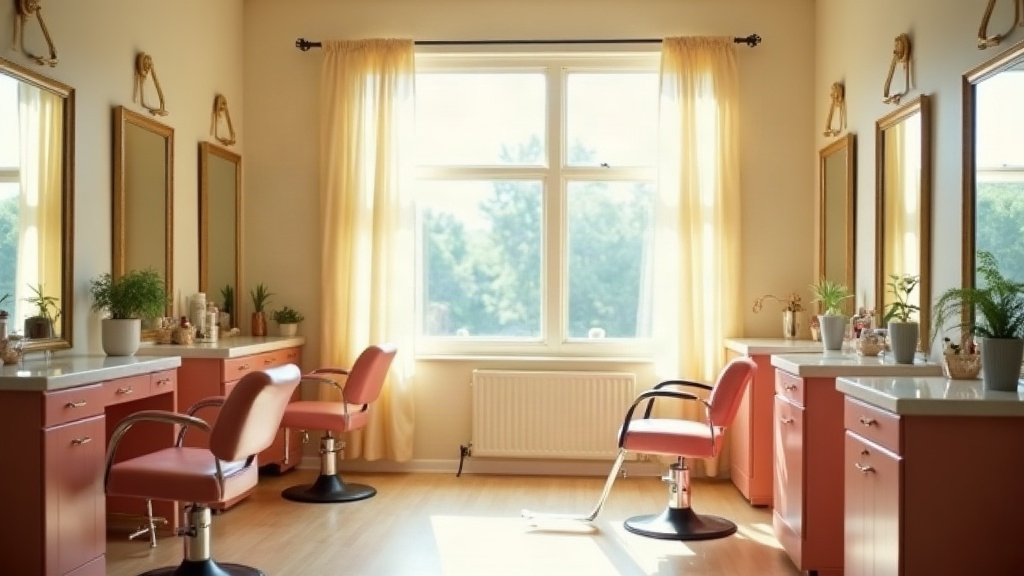 The salon floor: ivory walls, a tall window with sheer cream curtains, two rose-coloured styling chairs facing gilt-framed mirrors, and potted plants along the counters.