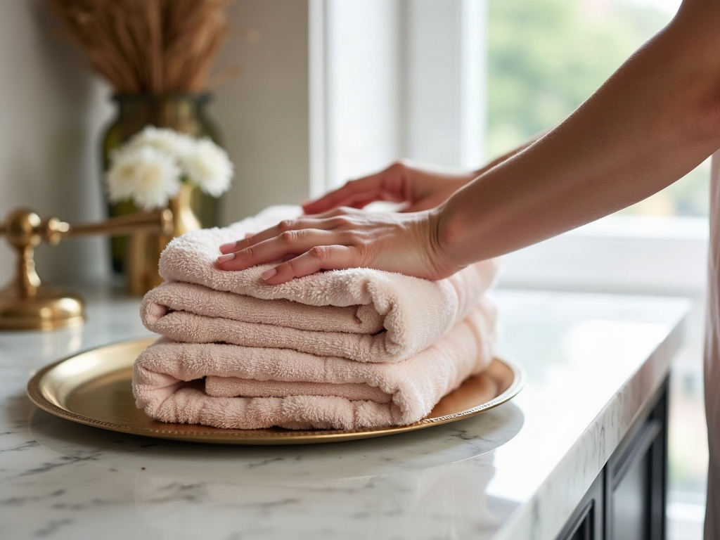 A hand smoothing a stack of folded pale-pink towels on a brass tray, on the salon's marble counter beside a window.