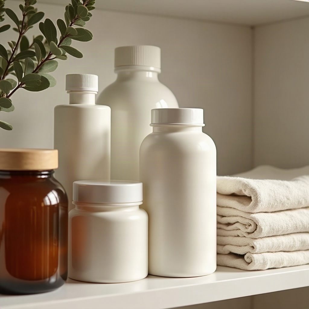 The salon's apothecary shelf: four plain white bottles and jars with an amber glass jar, a stack of folded ivory linen and a sprig of dried eucalyptus.